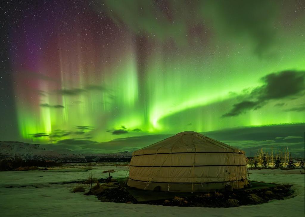 Yurts van N&aacute;tt&uacute;ra Yurtel in het landschap